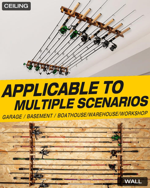 Ghosthorn Fishing Pole Rod Racks, Holds Up to 12 Rods, Wall or Ceiling Mounted Fishing Gear Organizer for Garage Storage