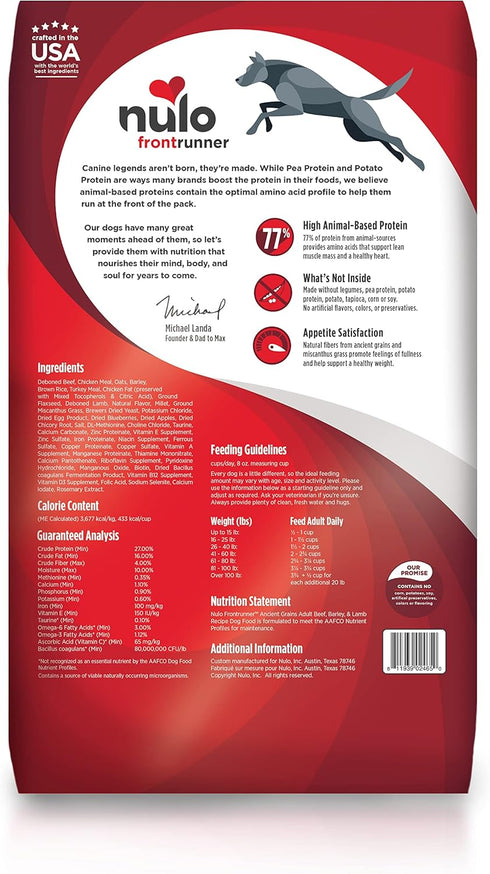 Nulo Frontrunner All Breed Adult Premium Natural Dry Kibble Dog Food, Beef Barley Lamb, 5 lb Bag