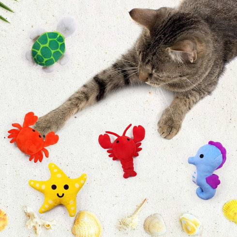 Catnip Toys for Indoor Cats - Interactive Chew Bite Kick Toys Set of 6 - Gifts for Cat Lovers - Lobster Octopus Crab