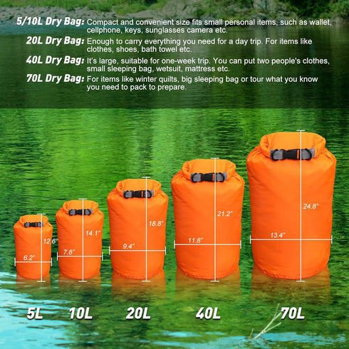 R2Depot Waterproof Dry Bag - 5L/10L/20L/40L/70L Dry Storage Bag for Kayaking, Gym, Hiking