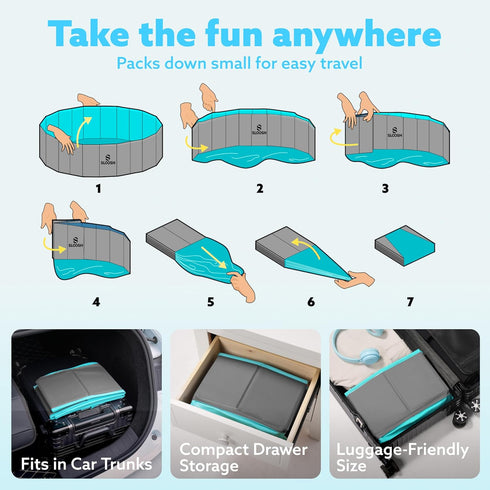 Swimming 32" 8") Sloosh Foldable Dog Kiddie Pool - Portable Hard Plastic Doggie Pool, Anti-Slip Collapsible Pets Bath