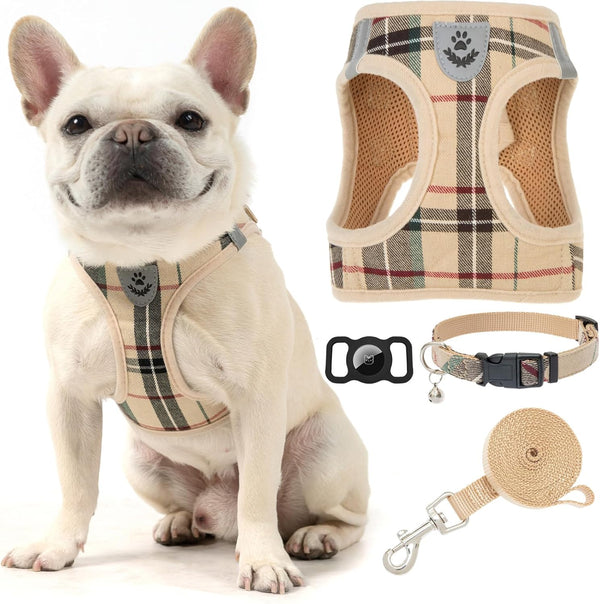 EXPAWLORER Khaki Small Dog Harness and Leash Set with AirTag Holder, Soft Padded No Pull Reflective Vest for Medium Dogs