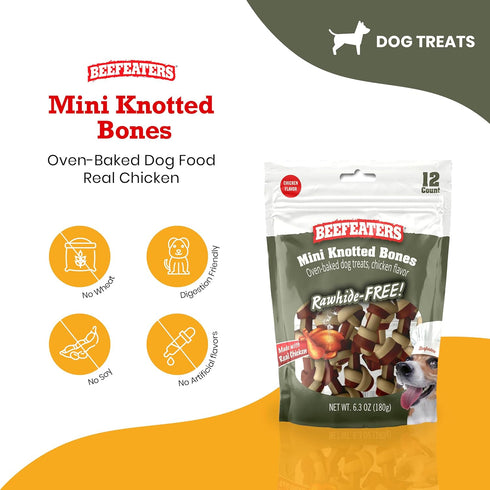 Beefeaters Mini Knotted Bone Dog Treats, Chicken Flavor, 12ct, Rawhide Free