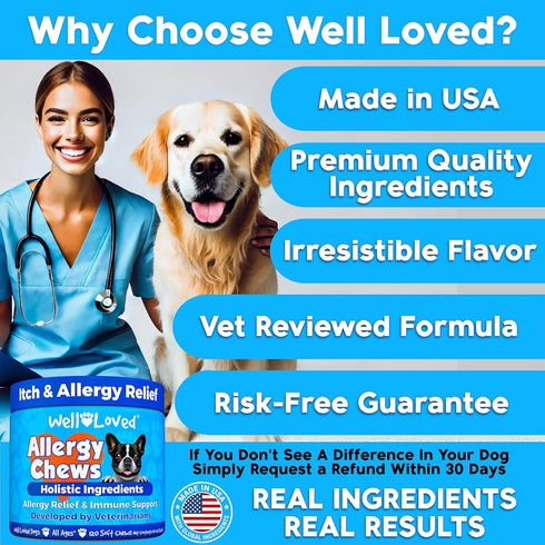 120 Well Loved Dog Allergy Chews - Dog Allergy Relief, Itching Skin Relief, Hot Spot Treatment & Seasonal Allergies