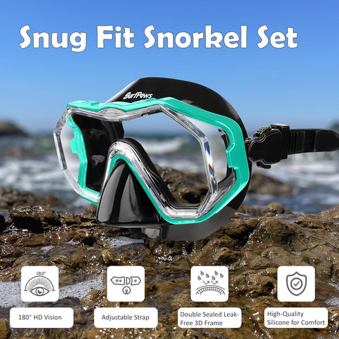 Snorkeling Gear Set - Anti-Fog Mask, 3-Piece Dry Top Snorkel with Panoramic View, Food Grade Silicone