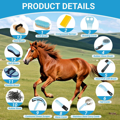 Rouisxue 14-in-1 Set Horse Grooming Kit, Professional Horse Brush Supplies for Grooming & Care, with Horse Brushes