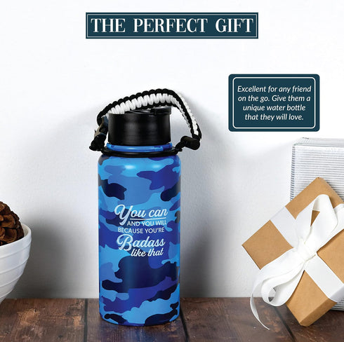 Pavilion Badass 32 oz. Stainless Steel Water Bottle, Reusable Leak Proof BPA-Free Flask, Camouflage Bottle, Blue