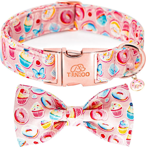 Pink Dog Collar with Bow Tie, Cute Cake Design, Durable and Adjustable, Available in Small Medium Large