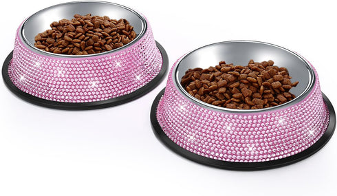 SAVORI Bling Dog Bowls - Pink, 640ML Handmade Rhinestones Stainless Steel Pet Bowls, Set of 2
