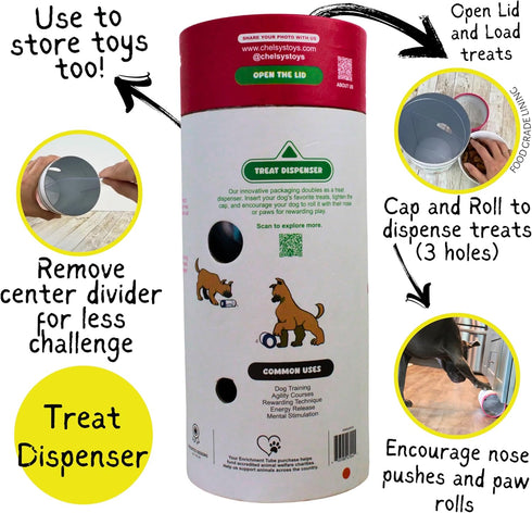 3-in-1 Chelsy's Toys Enrichment Tube for Dogs - Tug Toy, Treat Dispenser & Snuffle Ball | Fleece Rope Dog Toy | Tug