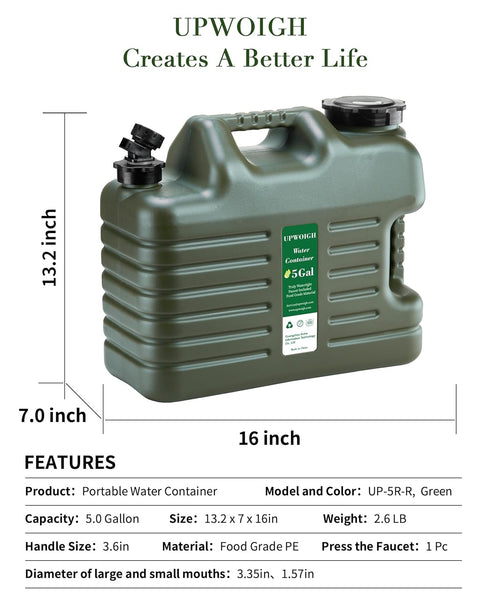 UPWOIGH 5 Gallon Water Jug, Camping Water Container, No Leakage Water Storage, Military Green