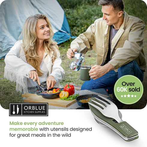 Orblue 4-in-1 Camping Eating Utensils, 2-Pack - Portable Spoon, Fork, Knife & Bottle Opener Combo Set - Stainless Steel