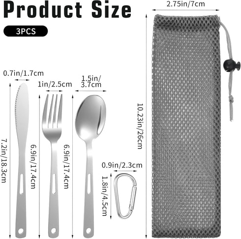 DOPENSPI 3PCS Set Set Backpacking Camping Utensil with Carrying Bag, Stainless Steel Camp Flatware Ultralight Fork