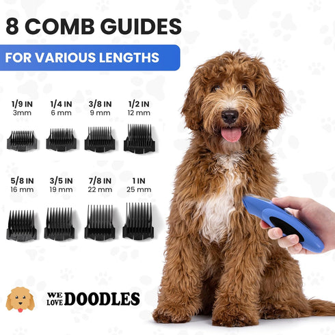 We Love Doodles Dog Clippers for Thick Coats - Powerful Cordless Trimmer with 8 Detachable Blades