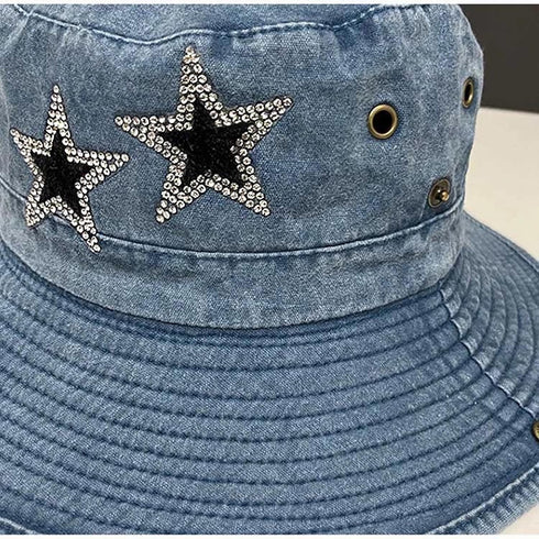 Y2K Crystal Star Washed Denim Cowboy Hat for Women, Foldable Bucket Sun Cap with String