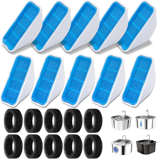 Replacement Filters for 3.2L/2.5L Cat Water Fountain, 10-Pack Filters and10 Pre-Filter Sponges,