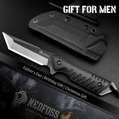 NedFoss Tactical Survival Knife - 440C Steel Blade, G10 Handle, Kydex Sheath, Fire Starter - Camping Gift for Men