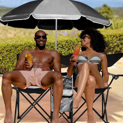 Volowoo Double Camping Chair,Double Folding Beach Chairs, Camping Chair W/Umbrella Mini Table Beverage Holder Carrying