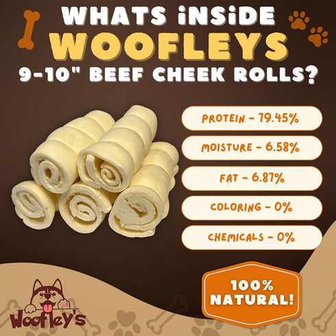 Woofley's 9-10" (5 Count)- Buffalo Beef Cheek Roll - Beef Cheek Rolls for Dogs - Long Lasting Natural Dog Chews