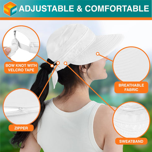 SUN CUBE Women Wide Brim Sun Hat for Outdoor UV Protection, Convertible Zip-Off Beach Hat Ponytail Visor