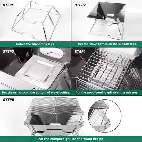 Odoland Folding Campfire Grill - 304 Stainless Steel Grate Barbeque Grill for Picnics and Outdoor Cooking