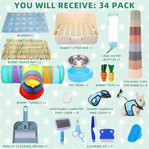 34 Set Pcs Rabbit Starter Kit Rabbit Litter Box Small Animal Water Bottle Stacking Cups Bunny Tunnels Animal Grooming