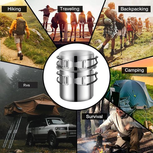 Stainless Steel Camping Cookware Mess Kit, Backpacking Cooking Set with Mini Stove for Outdoor Use