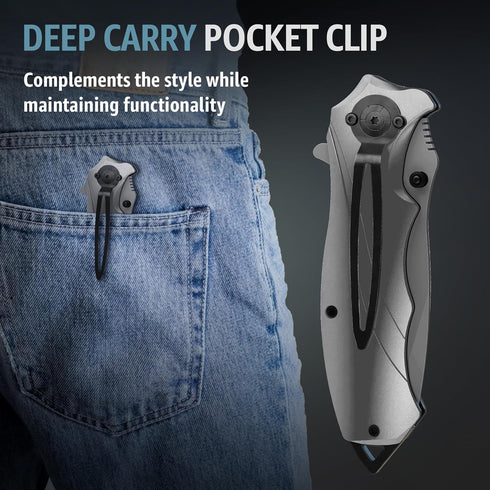 Tactical Pocket Knife for Men, Folding Knife with Glass Breaker and Pocket Clip, Cool Military Camping Gift 6495