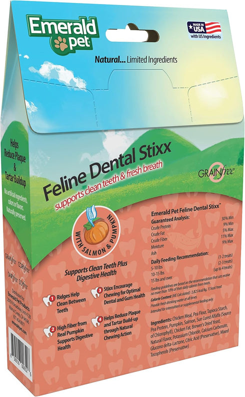Emerald Pet Feline Dental Stixx, Tasty Crunchy Cat Dental Sticks with Pumpkin for Digestive Health, Salmon Stixx, 3.6 oz