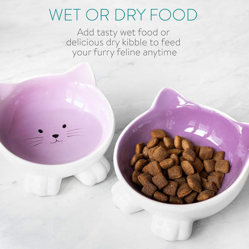 Navaris Cat Bowls with Ears - 2 Pack Ceramic Cat Feeding Dishes with Anti Slip Silicone Feet, Cat Shaped Bowls Set
