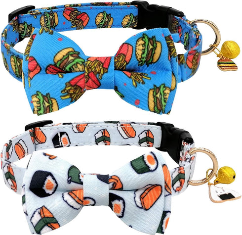 KUDES 2 Pack Print Dog Collars with Bow Tie, Adjustable Collars with Bells and Charm Safety Buckle for