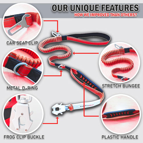 PetsProMax Tactical Dog Leash with Car Seat Belt Clip, Heavy Duty Elastic Bungee Leash with 360 Rotatable Hook (Red)