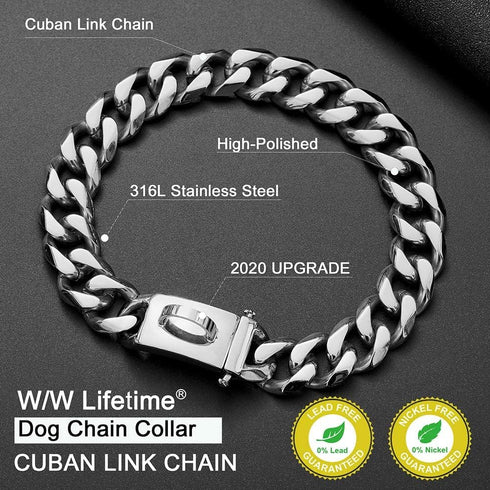 Dog Chain Collar Walking Metal Collar with Secure Buckle, Cuban Link for Heavy Duty Chew Proof for Large Dogs (19MM,