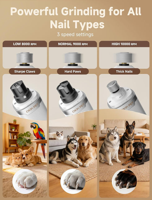 Ckin pet Trimmer 2 3-Speed 2000mAh Dog Nail Grinder, Quiet Electric Dog Nail with LED Lights, Pet Nail Grinder for Dogs