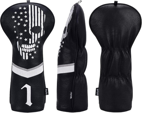 mytag Golf Skull Skeleton Head Cover, Black Leather Golf Club Headcovers Set for Driver, Fairway Wood
