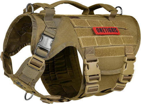 OneTigris Large Tactical Dog Harness, No Pull Adjustable Vest with Heavy Duty Handle, Brown, Large Hook and Loop Panels