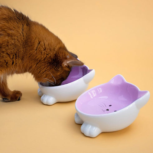 Navaris Cat Bowls with Ears - 2 Pack Ceramic Cat Feeding Dishes with Anti Slip Silicone Feet, Cat Shaped Bowls Set