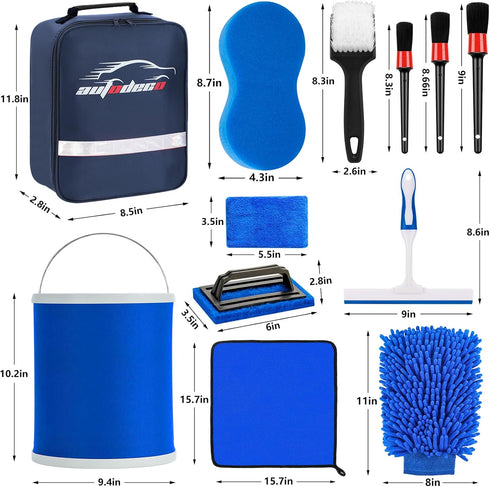 12Pcs Set AUTODECO Boat Wash Cleaning Kit with Collapsible Bucket Wash Sponge Mitt Microfiber Towel Squeegee Scrub Pads