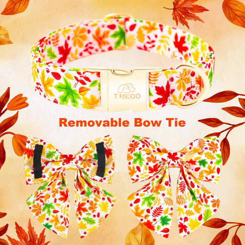 Fall Dog Collar with Bow Tie - Durable Adjustable Colorful Cotton Pet Collar for Small Medium Large Dogs, L