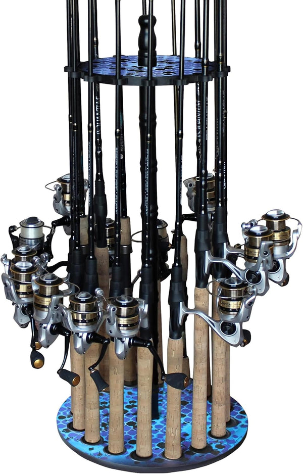 Rush Creek Creations Round Spinning Fishing Rod Holder for 16 Freshwater Fishing Poles, Garage Organization