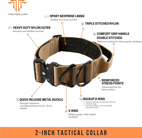Tactical Dog Collar 2 inch with Handle for Medium and Large Dogs, Quick-Release Metal Buckle, Neoprene Padded (Coyote