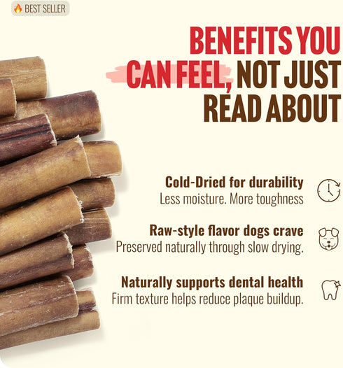 6 Inch (10 Count) 100% Natural Farm Cold-Dried Bully Sticks Odor Free Longer Lasting High Protein Dog Chews Beef