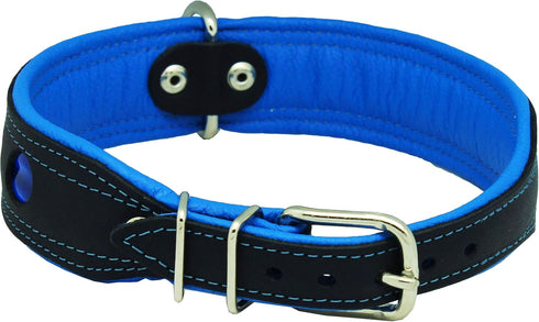 Dogs My Love Real Leather Soft Padded Reflective Dog Collar (18.25"-20.75" Neck; 1.75" Wide, Black/Blue)