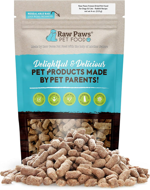 Raw Paws Freeze-Dried Pet Food for Dogs & Cats, Rabbit Recipe, 4-oz, USA Raw Rabbit Dog Treats for Training