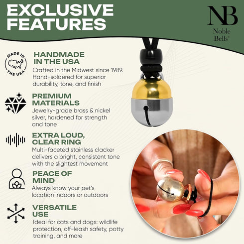 Noble Bells - USA-Made Extra Loud Cat and Dog Collar Bell in Premium Brass and Nickel Silver