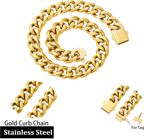 Walking Collar with Dog Tag Design, Secure Buckle Cuban Link Chain Heavy Duty Chew Proof for Medium Large Dogs