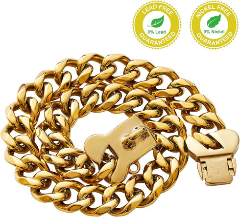 Gold Chain Dog Collar 19mm, 18K Cuban Link with Secure Snap Buckle for Small Medium Pitbull (26")