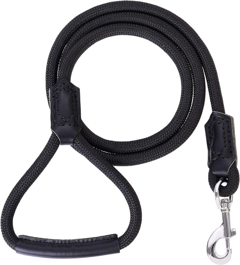 Mile High Life Premium Leather Dog Leash, Strong Rope Leash, Leather Handle, Zinc Alloy Clasp, 72 Inch (Black, Pack of