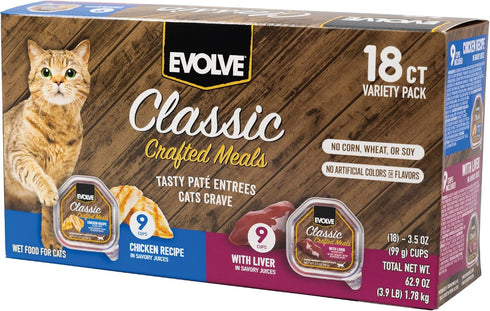 Evolve Classic Crafted Meals Cat Food Variety Pack - Chicken & Liver Recipe 3oz (Pack of 18)