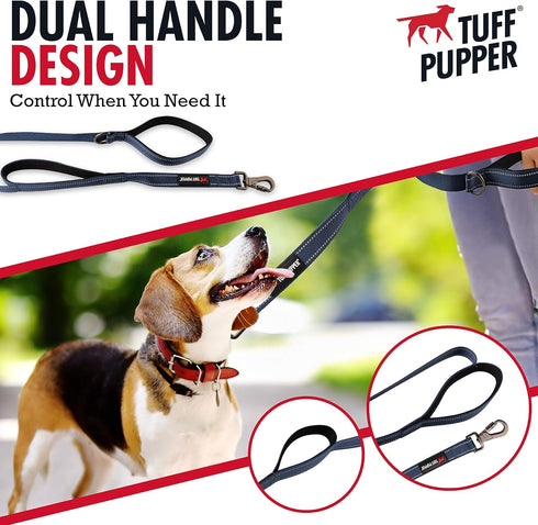 Tuff Pupper Heavy Duty Double Handle Dog Leash | Twist Locking Carabiner Dog Clip | Safety Lock Leash To Hold Strong Dogs | Reflective For Safe Night Walks | 6 Foot Dog Leash | For Medium & Large Dogs